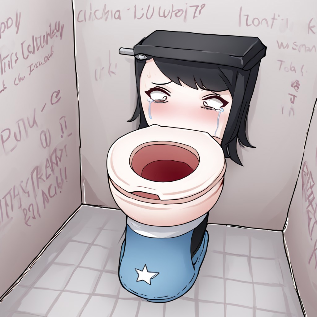 Toilet tf, 1girl, black hair, crying