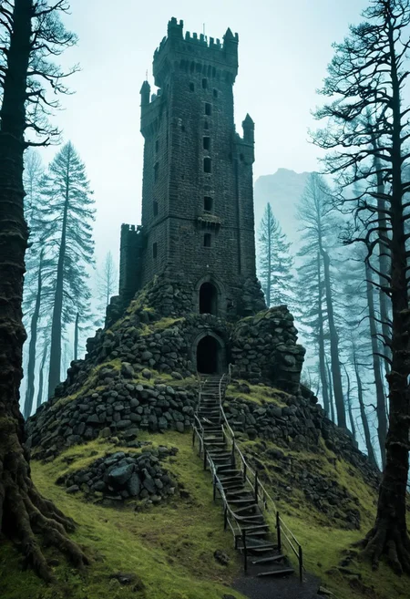 <lora:TheWeirdies_epoch_10:0.78>, epiCPhotoGasm-colorfulPhoto , advntr ,
score_9, score_8_up, score_7_up, score_6_up
Durlag's Tower was a large tower that was said to be haunted by a powerful entity, as well as one that housed immeasurable treasure. ((game of thrones aesthetic, cinema still from dynamic scene)), The fortress was located south of the Wood of Sharp Teeth, a couple of miles from the small settlement of Gullykin. The tower was built entirely of volcanic stone and was in fair condition given the amount of time and neglect involved. It laid atop a volcanic plug that dominated the surrounding lands. Durlag Trollkiller, aided by hired dwarves, was said to have hollowed out the mountain for the rock that made up his tower and used the space created to hide further treasure. This local landmark was the isolated keep of Durlag Trollkiller, son of Bolhur the Clanless, Many adventurers sought his treasure over the decades, with varying degrees of success. Around 1372 DR, rumors said a fiend had taken up residence within the remains of the tower and used the defenses created by Durlag to keep both itself and the treasure safe. Some claimed that this creature was a lich.
no humans
((massively large towering fortress, dark woods surround, built of volcanic stone, mountain, dark, ballistas on the battlements))