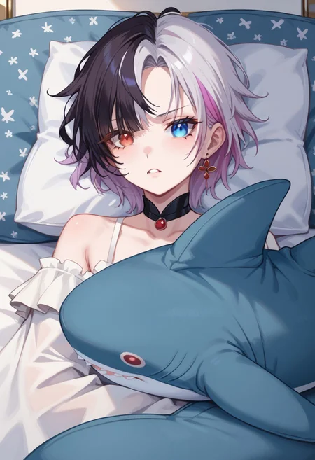 score_9, score_8_up, score_7_up,
masterpiece, best quality, detailed, amazing quality,
detailed background, bedroom, pillows,
detailed eyes, clean eyes,
solo, 1woman,
dynamic pose, laying on bed,
easynegative,
r1np3nr0s3, two-toned hair, heterochromia, red right eye, blue left eye, lingiere,
blahaj, shark, plush toy, plush animal,