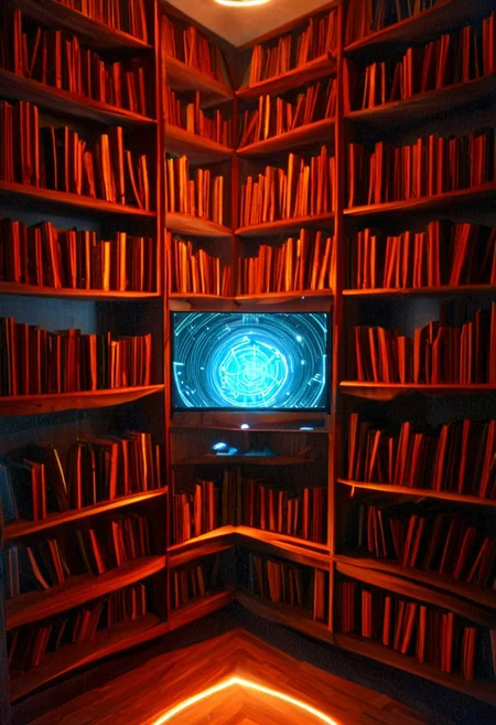 (((High quality, high resolution, extremely detailed, no humans, object focus, bookshelf, cybernetic enhancement embedding smart panels within wooden frames, neutral background, holographic spines displaying titles in flowing script. When accessed, books unfold into 3D projections of their content, complete with animated illustrations and audio narration. Tiny robotic arms organize the shelves autonomously, while glowing LED strips highlight active sections. A faint static charge crackles softly as pages turn digitally. ))) literary innovation, glowing accents, hyper-detailed textures, intellectual charm, futuristic aesthetics, atmospheric serenity. Thoughtful and imaginative, bridging traditional reading with modern tech.
((Background: gradient fading from parchment beige to cool gray, isolating the shelf’s brilliance.))
wm_cyber