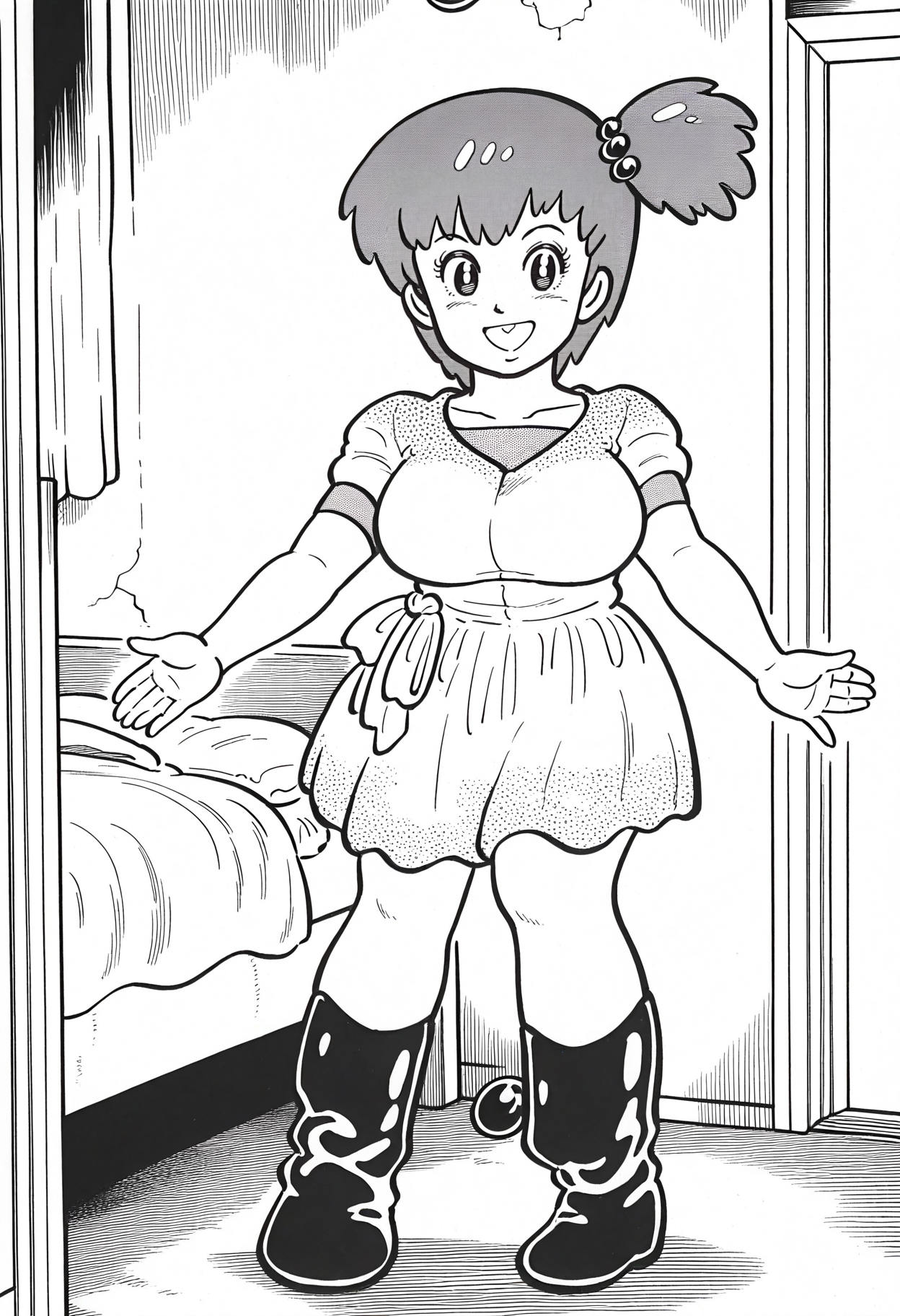 best hands, 5 fingers, perfect hand, <lora:Vifam Lucina_IL1.2:1>mature female, large breasts,
Vifam Lucina, sugai-yu style, 1girl, solo, high side ponytail, short ponytail tied to right side, Hair ties, smile, open mouth, short sleeve, dress, short boots
indoors,  bedroom,