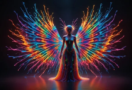 a full body fire entity whit multicolored flames, professional photography of an fantastical warrior fairy princess entirely made of cyberflies with whimsical elements, swirling magic, eerie fairytale landscape, elaborate fantasy style art, very colorful, intricate details, ultra sharp, exquisite detail, flawless composition, vivid colors, masterpiece, exciting background, TAS, TASvisuals, Psychedelic , Rave, Elaborate , Blacklight , Vibrant , cyberflies, black light paint, blp, Colorful Chaos Cracks and Drops, mad-glowtiedye, made out of,colorful,liquid,Murano Art Glass
