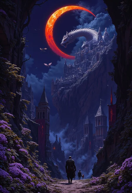"Dark fantasy digital illustration: A lone warrior trudges along a decaying path through a twisted forest. Above, a blood-red crescent moon births a spectral dragon made of tattered moonlight and shadow, its ethereal form coiling around a crumbling fortress perched on death-black cliffs. Toxic purple berries gleam on dying trees while withered daisies cling to rotting underbrush. Phantom creatures circle the night sky as tattered flags hang limp from decrepit towers. The scene drowns in midnight blues, corrupted purples, and crimson-stained blacks, radiating an atmosphere of profound despair and lost hope."