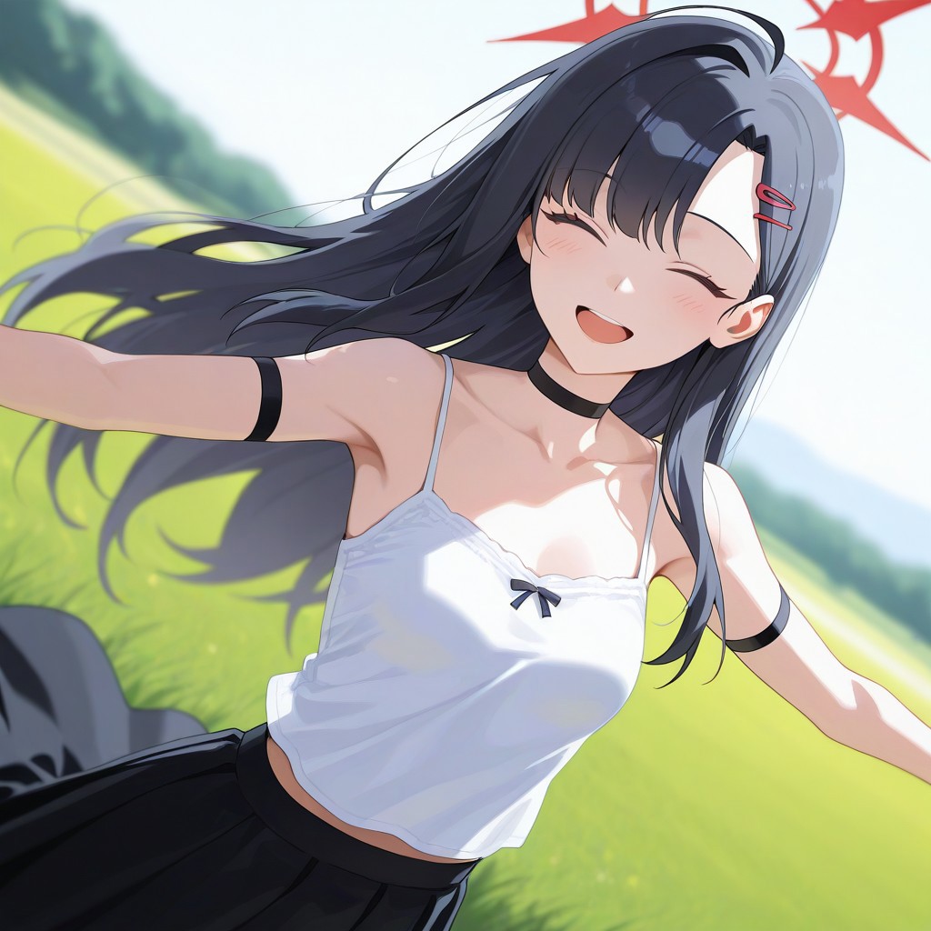 (best_quality, detailed, masterpiece, very_aesthetic, absurdres), general, zuharu, (modare:0.5), (sas \(ls08b\):0.7) 
BREAK
1girl, small breasts, upper_body, adult, dynamic angle, blurry background
BREAK
(ichika_(blue_archive):0.5), long_hair, smile, black hair, closed eyes, open_mouth, long skirt, camisole, grass field, spread arms, arm strap, collarbone, choker, hairclip, midriff peek, head tilt