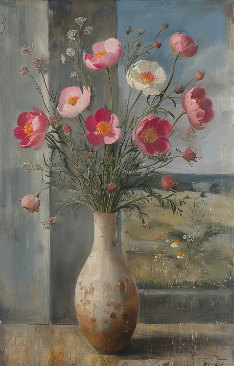 masterpiece,best quality,<lora:tbh241-sdxl:0.9>,illustration,style of Winifred Nicholson decaying peonies