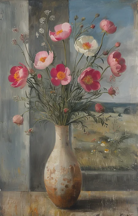 masterpiece,best quality,<lora:tbh241-sdxl:0.9>,illustration,style of Winifred Nicholson decaying peonies