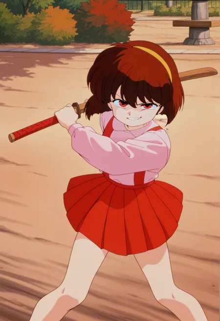 retro artstyle, anime screencap, anime screenshot, anime coloring, 1girl, solo, short hair, brown hair, red eyes, hairband, pink blouse, red skirt, pleated skirt, suspenders, evil smile, fighting stance, outdoors, park, wood sword <lora:temari_ranma:1>, masterpiece, best quality, amazing quality, very aesthetic, absurdres, highres, newest