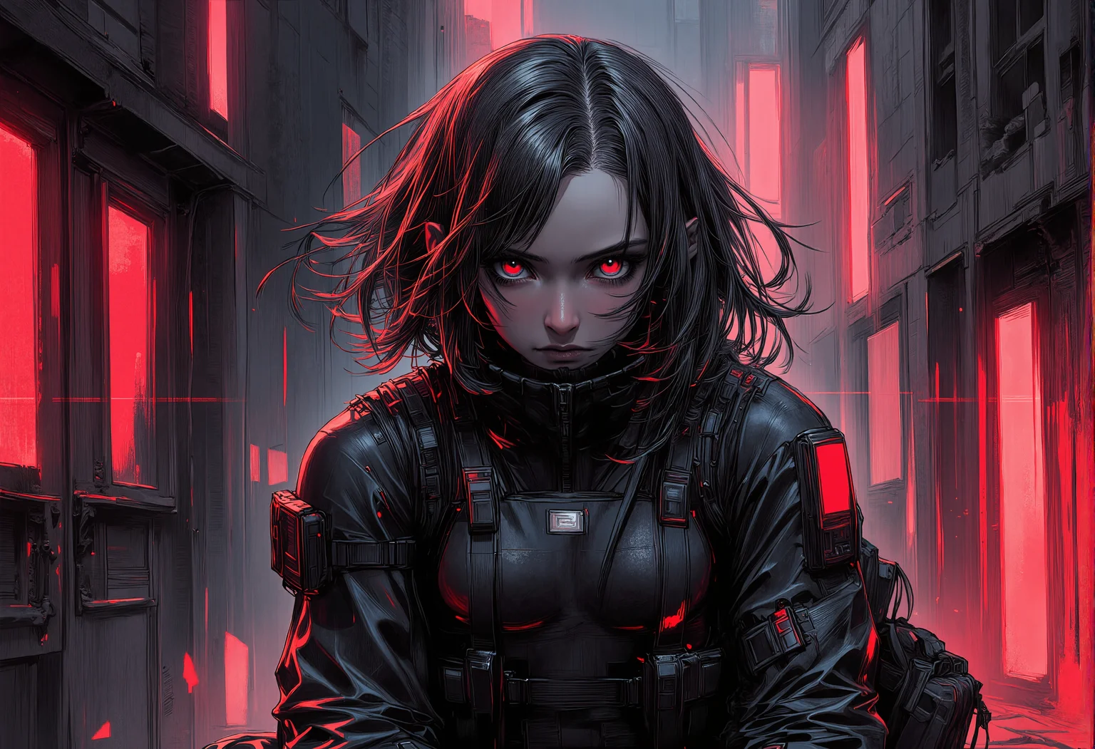 bv-anibrush, xslx scribble. A strikingly beautiful young woman in a dark, futuristic dystopian cityscape at night, her salt and pepper hair flowing slightly disheveled, blending into the shadows, while the faint glow of distant neon signs reflects off her sharp facial features. Her glowing eyes pierce through the surrounding darkness. She is dressed in sleek, futuristic techwear, featuring a tactical harness with multiple straps, pockets, and tech pouches. Her outfit is dark, with matte black fabrics contrasted by subtle neon accents and metallic details, similar to urban streetwear fused with high-tech combat gear. The ensemble includes a fitted crop top, layered with a utility belt and thigh straps, all designed for functionality and style. The city around her is defined by cold grey tones, with streaks of black, red, and magenta cutting through the dimly lit streets. The overall atmosphere is tense, with flickering street lights and the glow of embers from distant fires casting an ominous glow. The art style is intensely rough and sketch-like, with visible, bold brush strokes and strong line work, creating a raw, hand-drawn illustration effect. The colors bleed slightly, giving a dynamic, unfinished aesthetic that merges digital precision with an organic, textured finish. high angle shot, her body is crouching low with a focused look, ready to spring into action . The camera captures her from the side . , <lora:bv-anibrush-v1-flux.safetensors:1.0:1.0> <lora:Risograph_Style_FLUX_by_Ethanar-000001.safetensors:1.0:1.0> <lora:scribble-flux-v1.safetensors:0.5:0.5>