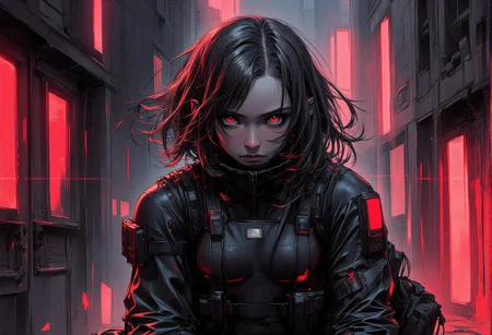 bv-anibrush, xslx scribble. A strikingly beautiful young woman in a dark, futuristic dystopian cityscape at night, her salt and pepper hair flowing slightly disheveled, blending into the shadows, while the faint glow of distant neon signs reflects off her sharp facial features. Her glowing eyes pierce through the surrounding darkness. She is dressed in sleek, futuristic techwear, featuring a tactical harness with multiple straps, pockets, and tech pouches. Her outfit is dark, with matte black fabrics contrasted by subtle neon accents and metallic details, similar to urban streetwear fused with high-tech combat gear. The ensemble includes a fitted crop top, layered with a utility belt and thigh straps, all designed for functionality and style. The city around her is defined by cold grey tones, with streaks of black, red, and magenta cutting through the dimly lit streets. The overall atmosphere is tense, with flickering street lights and the glow of embers from distant fires casting an ominous glow. The art style is intensely rough and sketch-like, with visible, bold brush strokes and strong line work, creating a raw, hand-drawn illustration effect. The colors bleed slightly, giving a dynamic, unfinished aesthetic that merges digital precision with an organic, textured finish. high angle shot, her body is crouching low with a focused look, ready to spring into action . The camera captures her from the side . , <lora:bv-anibrush-v1-flux.safetensors:1.0:1.0> <lora:Risograph_Style_FLUX_by_Ethanar-000001.safetensors:1.0:1.0> <lora:scribble-flux-v1.safetensors:0.5:0.5>