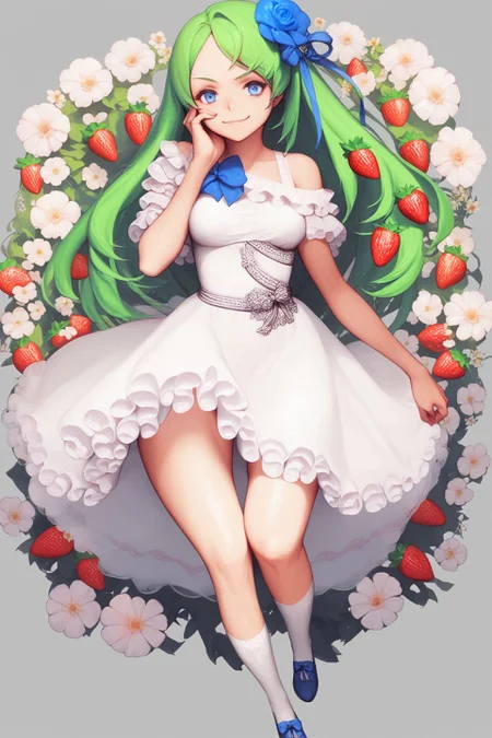 score_9, score_8_up, score_7_up, 1girl, on back, looking at viewer, smirk, dark_green hair, side-swept_bangs, single_hair_bun, dark_blue eyes, medium breasts, textured skin, one shoulder dress, sheer, lace, frills, ribbon, yugake, over-kneehighs, Clarkia \(flower\), floral background, hand on own face, strawberry background, glittering light <lora:destiny_c_PonyXL_style_v02.07.01.10.05:1>