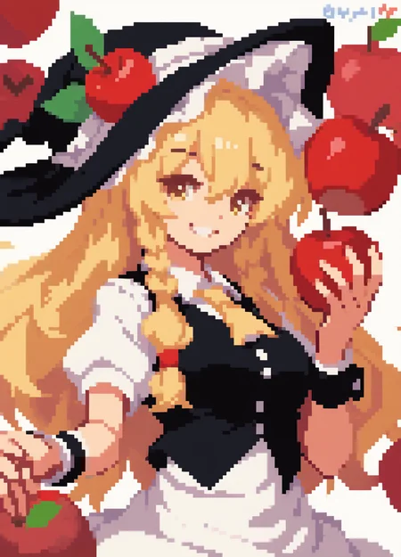 touhou, 1girl, kirisame marisa, apple, black headwear, black vest, blonde hair, food, frilled headwear, fruit, grin, hair between eyes, hand up, holding, holding food, holding fruit, long hair, looking at viewer, shirt, simple background, smile, solo, twitter username, upper body, vest, white background, white shirt, wrist cuffs, yellow eyes,
<lora:sakuemonq-000011:1>, score_9, score_8_up, score_7_up, score_6_up, score_5_up,