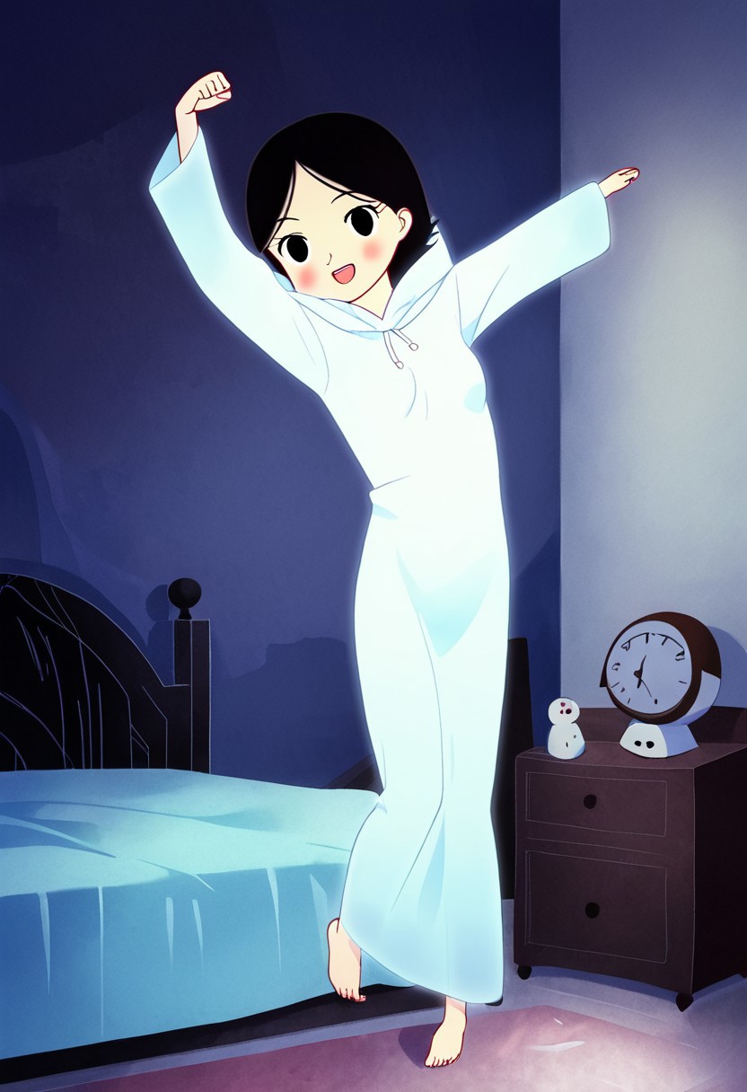 zPDXL3, source_cartoon, Perfect Hands, full body,
1girl, solo, aged down, bedroom, looking at viewer, saoirse, black hair, black eyes, blush, ghost, hood up, robe, barefoot, glowing, dancing on bed, from behind, facing at viewer, feeling cold, eyes open, smile, open mouth, sleeve past wrist, slim body, highlight cloth wrinkle, anime style, kicking, jumping,
<lora:Perfect Hands:1>  <lora:Saoirse_-_The_Song_of_the_Sea-000009:1>