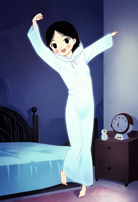 zPDXL3, source_cartoon, Perfect Hands, full body,
1girl, solo, aged down, bedroom, looking at viewer, saoirse, black hair, black eyes, blush, ghost, hood up, robe, barefoot, glowing, dancing on bed, from behind, facing at viewer, feeling cold, eyes open, smile, open mouth, sleeve past wrist, slim body, highlight cloth wrinkle, anime style, kicking, jumping,
<lora:Perfect Hands:1> <lora:Saoirse_-_The_Song_of_the_Sea-000009:1>