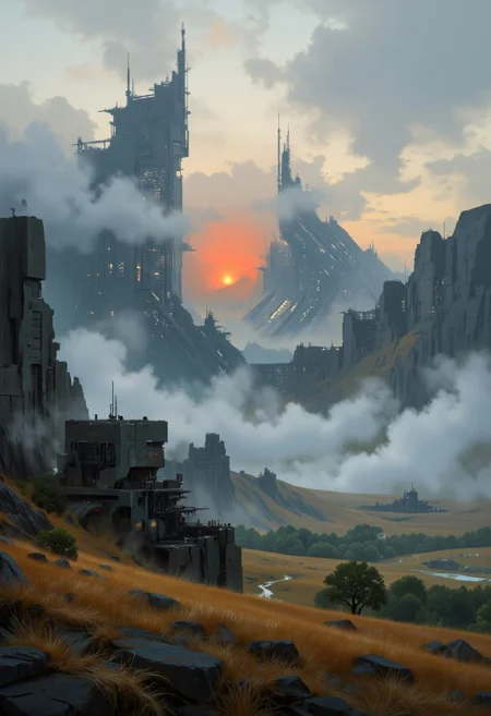 in the style of ck-sfc,, Moody Studio Ghibli Dark Fairytale, nistyle, a DARK and gritty Sketch combined with water color techniques, A serene Mountain landscape, a pastel Red watercolor sun ist briefly shining through some ultradetailed billowing translucent clouds, meadow, Low Angle, wide Screen scenery, artilands02, desolate Sci-fi cubistic buildings are visible beneath the mist