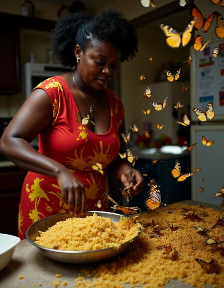 A photograph of an African woman, 32 years old, expertly preparing traditional Ghanaian jollof rice for her family gathering in Accra, as the kitchen is slowly being consumed by a swarm of iridescent butterflies that leave trails of glittering confetti behind them., <lora:amateurphoto-v5-14-15-1-1:0.4> <lora:Another_Amateur_Lora:0.4> <lora:Phlux:0.4> <lora:UltraRealistic_Lora_Project:0.4>