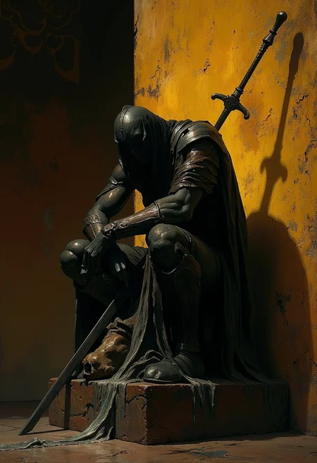 An atmospheric and powerful dark fantasy, natural organic and impressionist classical-style painting of a man with a sword. The man is sitting on a stone. The sword is long and silver. The statue is made of metal. The figure is wearing a mask. The mask is black. The face of the man is covered in black. There is a yellow wall behind the man. The wall has a design on it.