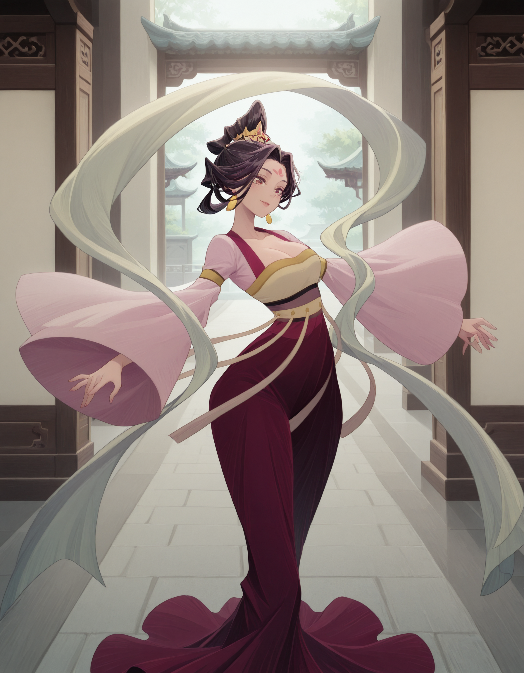 masterpiece, best quality, amazing quality,,<lora:theMadamIllustriousV2:1> , 
m4d4m,  shawl,  hanfu, Chinese palace, <lora:afkArenaIllustrious:1> afkArenaStyle