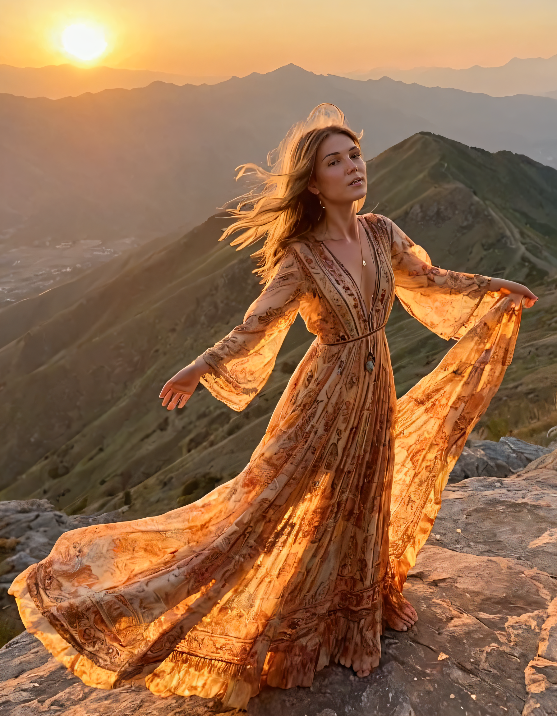 Rony captured the mesmerizing moment as a self-assured boho woman donned in her intricate, flowing bohemian dress embraced the magnificent vista atop a majestic mountain, where a high-angle camera revealed each movement illuminated by the magical sunset's golden light, radiating an undeniable sense of inner peace and boundless freedom. <lora:kgyqls18f933280b7g346:1>