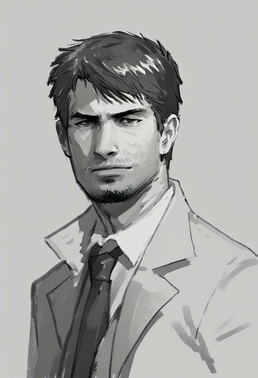kyle_hyde, black and white pencil sketch, grayscale, monochrome, man, face portrait, looking at viewer, formal suit, collared shirt, necktie, simple gray background