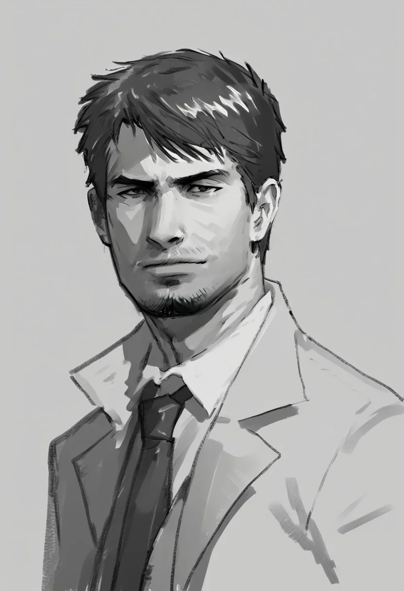 kyle_hyde, black and white pencil sketch, grayscale, monochrome, man, face portrait, looking at viewer, formal suit, collared shirt, necktie, simple gray background