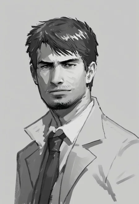 kyle_hyde, black and white pencil sketch, grayscale, monochrome, man, face portrait, looking at viewer, formal suit, collared shirt, necktie, simple gray background