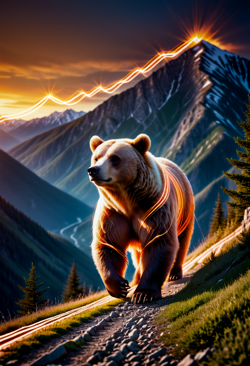 Nature photography of a bear walking up a scenic mountain ridge with surrealistic orange light lines around the bear,Nature photography of a bear walking up a scenic mountain ridge with surrealistic orange light lines around the bear