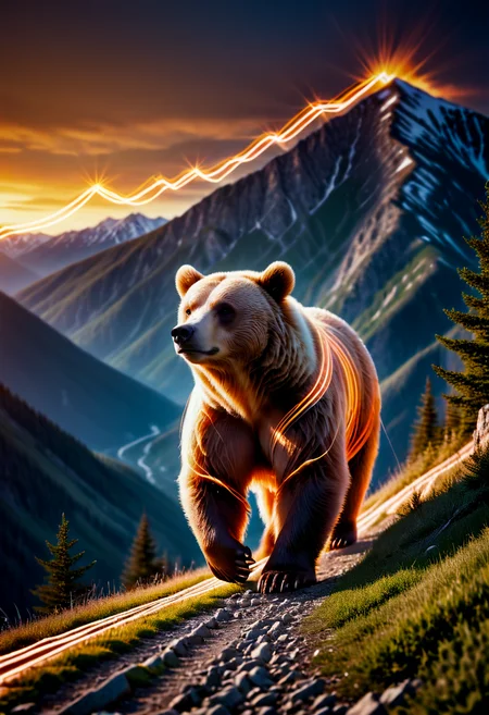 Nature photography of a bear walking up a scenic mountain ridge with surrealistic orange light lines around the bear,Nature photography of a bear walking up a scenic mountain ridge with surrealistic orange light lines around the bear
