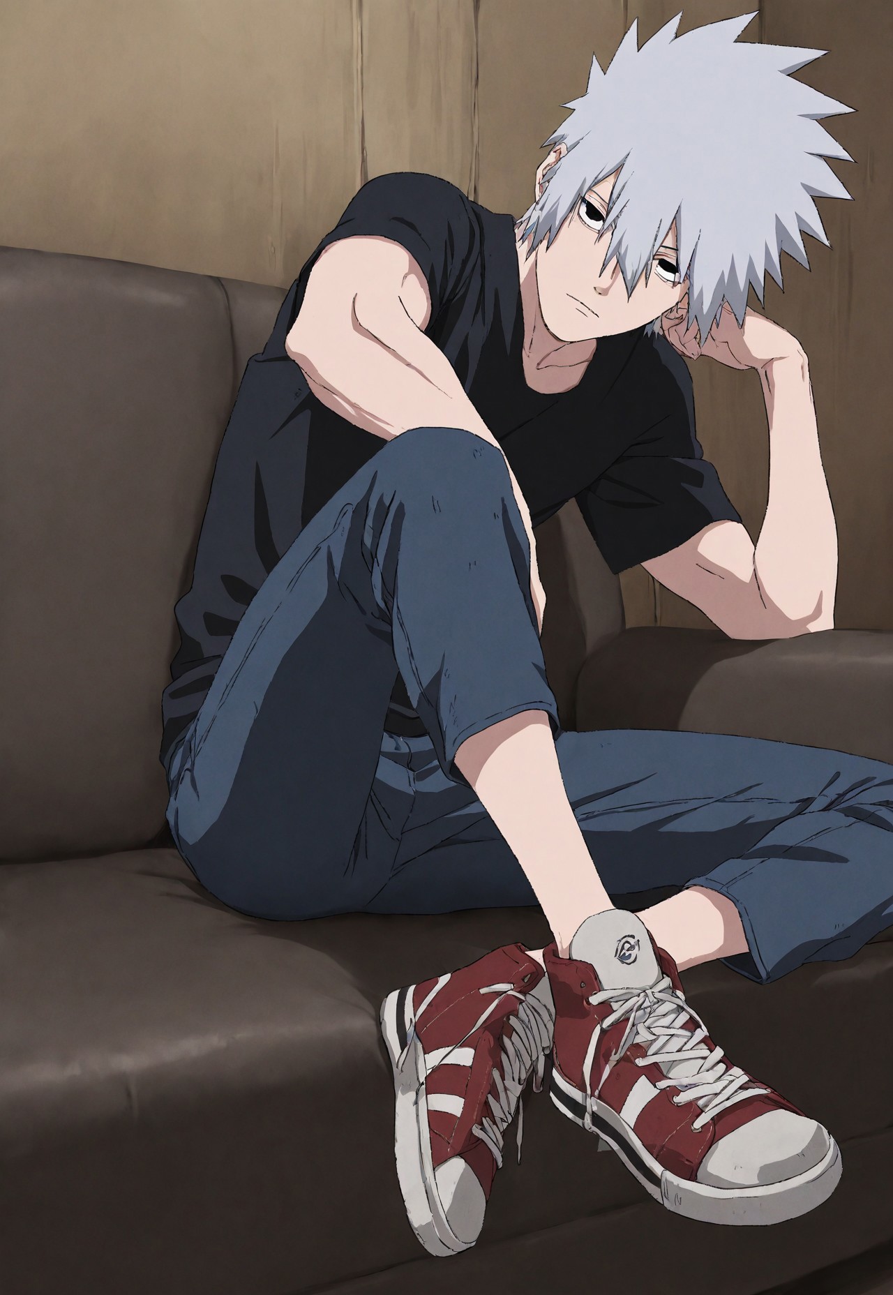 masterpiece, best quality, amazing quality, very aesthetic, absurdres, newest, detailed background, 1boy, solo, fbKakashi, 1boy, solo, skinny, muscular, grey hair, black eyes, hair between eyes, t-shirt, jeans, sneakers, one foot on couch, sitting on couch, bedroom