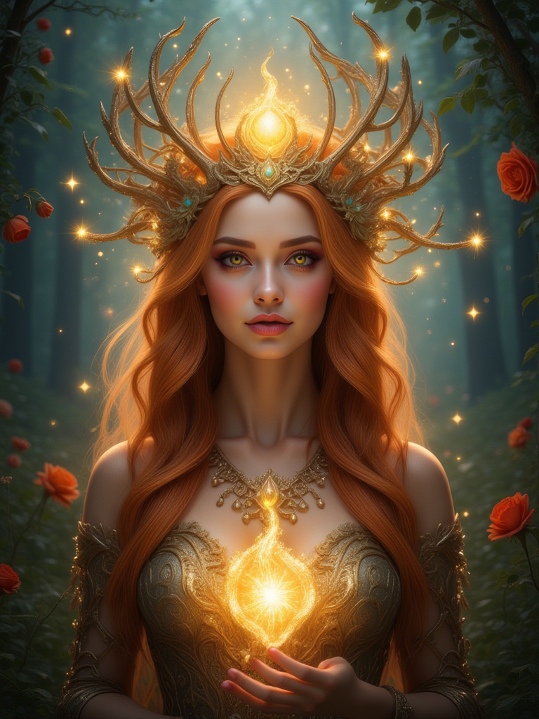 ultra detailed druid goddess with a crown made out of pure light, kind-hearted with a penetrating gaze, golden glow, extremely detailed and beautiful face, gorgeous body, soft copper-colored hair, she wears druid armor, ethereal, magical glow, fantasy art by Mschiffer, ultra sharp focus, ethereal glowy smoke, light particles, roses and vines, brambles ,dfdd,more detail XL
