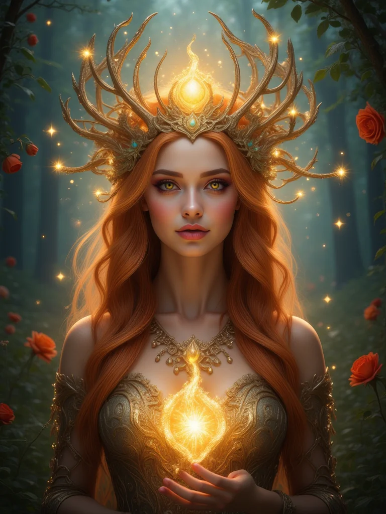 ultra detailed druid goddess with a crown made out of pure light, kind-hearted with a penetrating gaze, golden glow, extremely detailed and beautiful face, gorgeous body, soft copper-colored hair, she wears druid armor, ethereal, magical glow, fantasy art by Mschiffer, ultra sharp focus, ethereal glowy smoke, light particles, roses and vines, brambles ,dfdd,more detail XL
