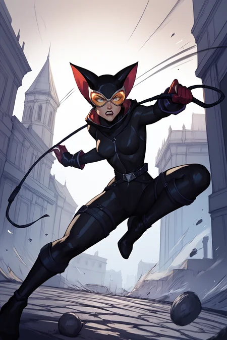 score_9, score_8_up, score_7_up, masterpiece, high quality, BREAk
<lora:Catwoman 2004PonyLoRA:1>ctwm2004, cat ears, black bodysuit, goggles, gloves, sharp fingernails, fighting stance, jumping from a building, midair, angry, battle, whip