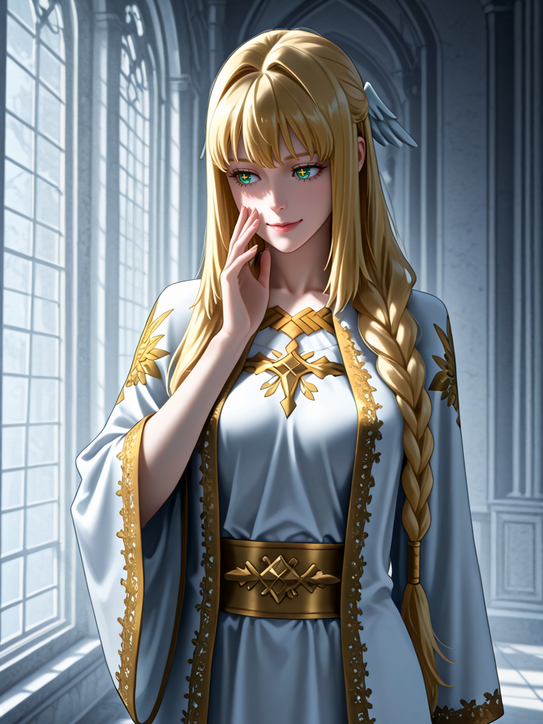 masterpiece,high quality,highres,absurdres,(<lora:Dolores Quovadis22:1>,1 girl,solo,long hair straight hair,blonde hair,thick braid,long braid,straight fringe,wing hair ornament,green eyes,cross pupils || Dolores_Quovadis_ceremonial,white ceremonial dress,long robe,gold embroidery,golden trim,wide sleeves,high waist sash),seductive smile,cute face,
fog-diffused light creeping into an abandoned castle hall, a sorceress whispering an incantation.,
<lora:Half_Art_Style_IL:1>,