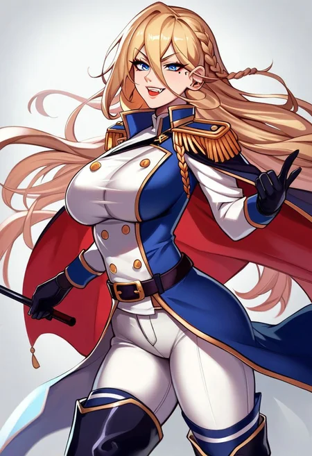 score_9, score_8_up, score_7_up, fullbody, BREAK blonde, hair_intakes, long bangs, hair between eyes, radiant sharp blue eyes, commanding presence, mole under eye, knotted braid, high-ranking military officer, white marine uniform, military decorations, epaulettes, short gloves, black gloves, black belt, white pants, black boots, thigh-high boots, seamless boots, adult female, mature female, fierce glare, carefully drawn portrait, villainess, nobility, noblewoman, evil smirk