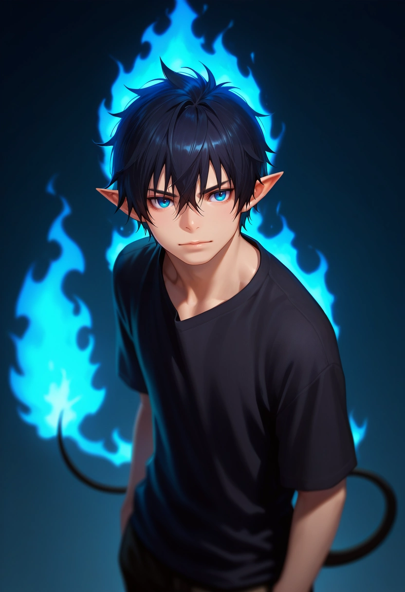 masterpiece, best quality, , semi-realistic, , depth of field, 1boy, solo, male focus, <lora:rin_okumura_ilxl:0.96>, rin_okumura, black hair, blue eyes, short hair, hair between eyes, pointy ears, tail, blue fire, ,