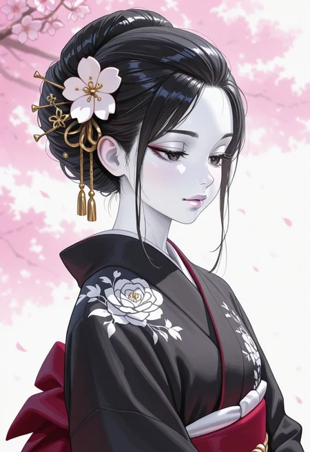high_quality, highres, detailed, (masterpiece, best quality:1.2), absurdres, 8k, HDR, Jeddtl02,  (colored skin, white skin:1.2), black hair, detailed lips, soft lips, white lips, elegant kimono, black kimono, floral embroidery, cherry blossoms, traditional hair ornament, serene expression, ink style background <lora:DetailerILv2-000008:1>
