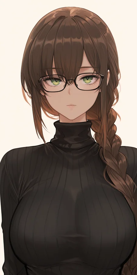 {{amazing quality, best quality, high quality, very aesthetic}}, 1girl, solo, looking at viewer, simple background, looking at viewer, brown hair, single braid, bangs, green eyes, glasses, black sweater, turtleneck, breasts, expressionless
<lora:Dishwasher1910_Style:1>