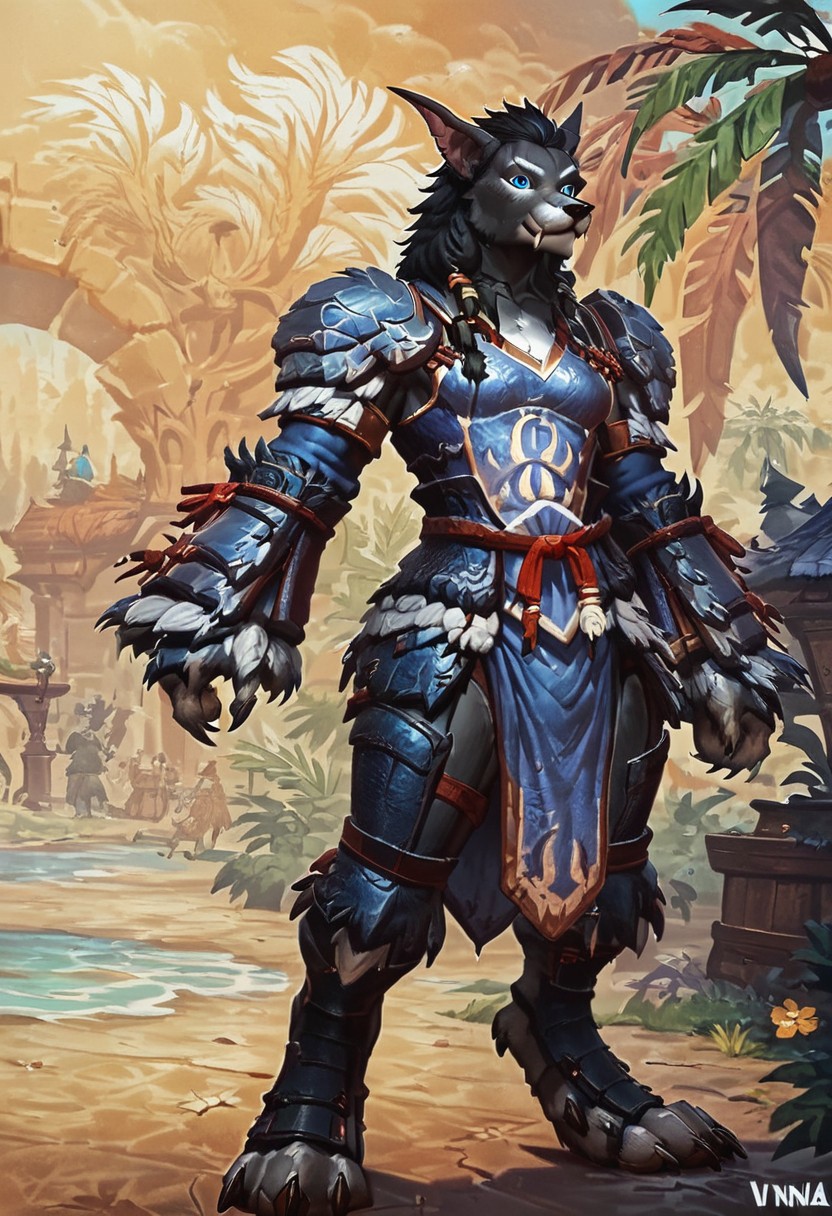 Furry, male, humanoid, worgen, anthro, blue eyes, digitigrade, tail, solo, tall, tough build, medieval clothes, yian garuga armor, standing, concept art, realistic, tropical background