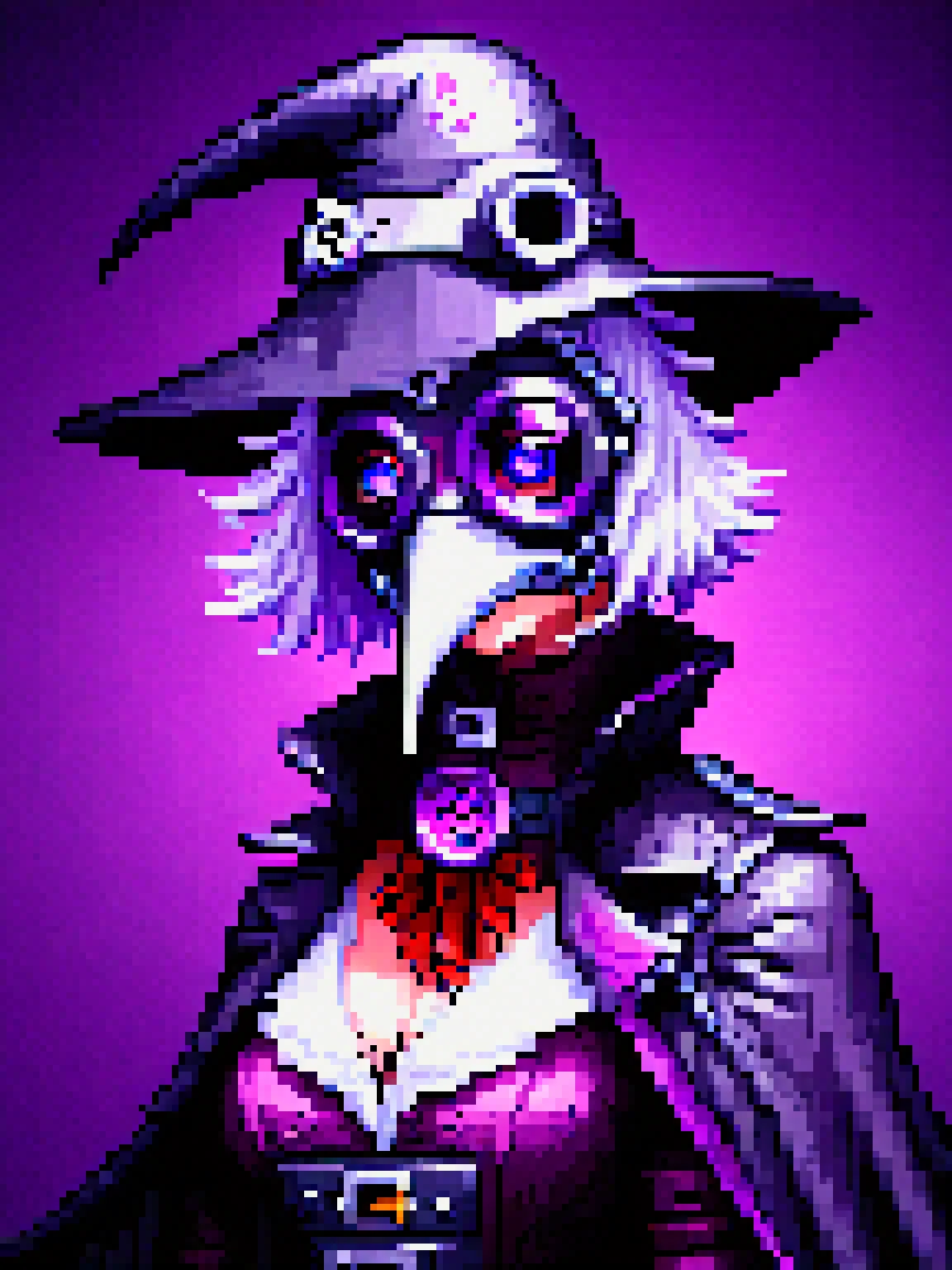cia, yamer_pixel_fusion, breasts, dark skin, purple eyes, short hair, white hair, dark-skinned female, hair ornament, (plague doctor mask:1.15), masterpiece, best quality, extremely detailed, highly quality, 4k, sharp focus, professional, sharp focus, award winning, cinematic lighting, octane render, unreal engine, volumetrics dtx, Wallpaper, <lora:Pixel_Fusion_LORA:1>