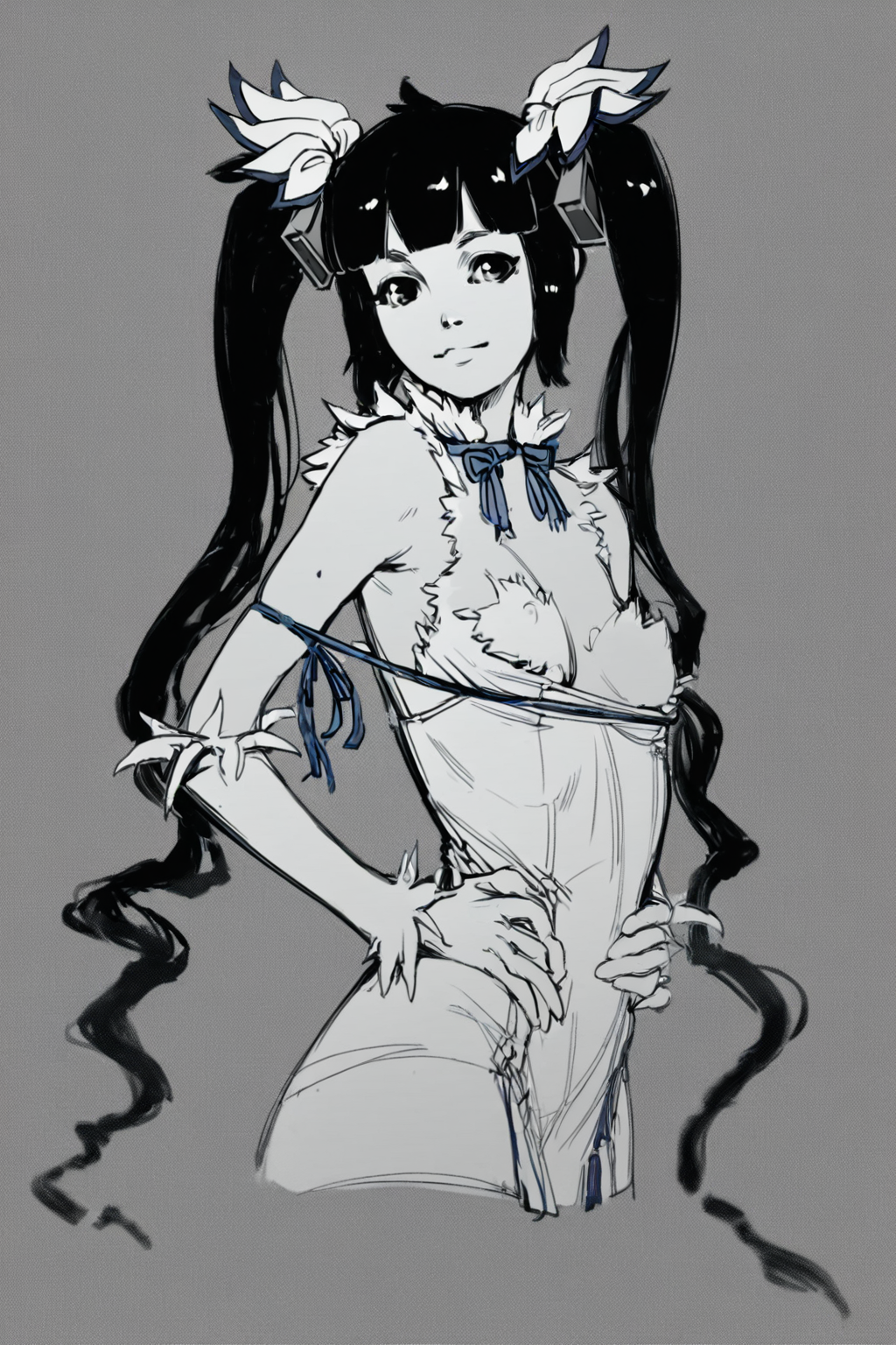score_9, score_8_up, score_7_up, hestia \(danmachi\), solo, solo focus, portrait, detailed background, simple background, Posing with hands on waist, looking over the shoulder., <lora:godiva_bw:1>, (monochrome:1.5), (greyscale:1.5)