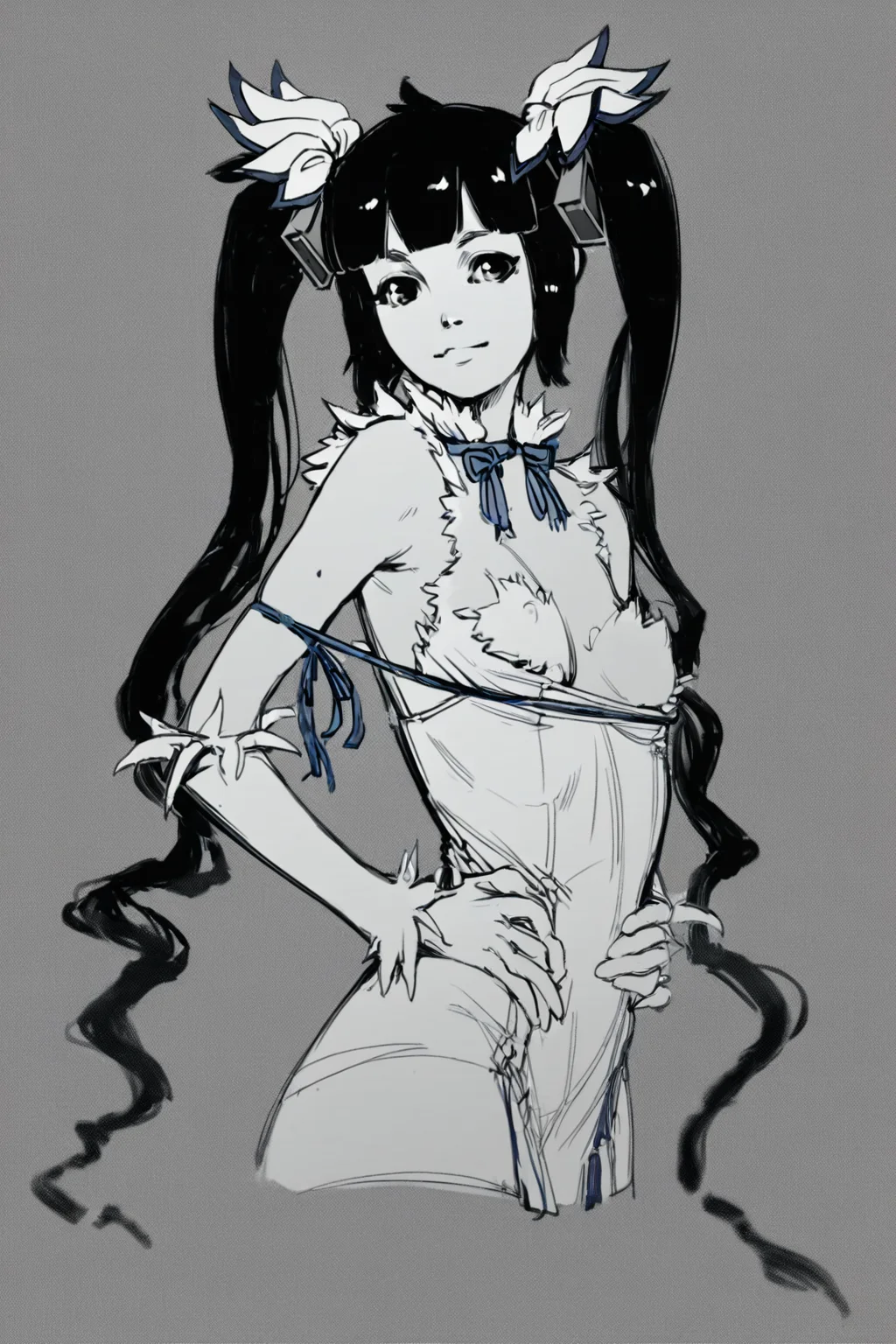score_9, score_8_up, score_7_up, hestia \(danmachi\), solo, solo focus, portrait, detailed background, simple background, Posing with hands on waist, looking over the shoulder., <lora:godiva_bw:1>, (monochrome:1.5), (greyscale:1.5)