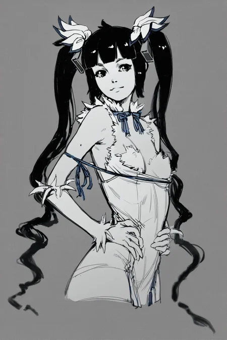 score_9, score_8_up, score_7_up, hestia \(danmachi\), solo, solo focus, portrait, detailed background, simple background, Posing with hands on waist, looking over the shoulder., <lora:godiva_bw:1>, (monochrome:1.5), (greyscale:1.5)