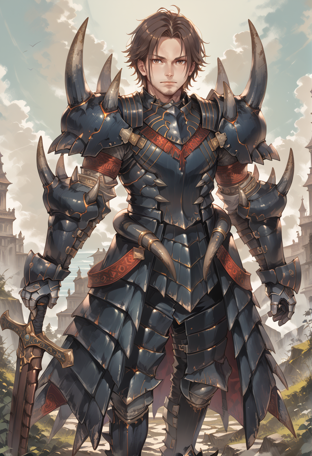 (score_9:0.9),score_8_up,score_7_up,rating_safe,anime style,(zPDXL),<lora:Akantor armor - male ponyXL v1:0.8>,akantor armor, weapon, sword, male focus, 1boy, solo, brown eyes, black gauntlets, black shoulder armor, black armor skirt, black armor boots, short hair, brown hair