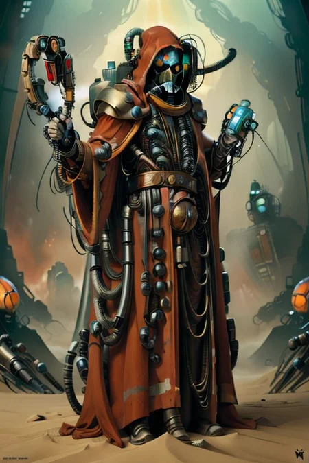 ((masterpiece,best quality)), absurdres, mechanical arms, robes, hood, ((techpriest)), cyborg, mechanical face, mechanical limbs, gas mask, mechanical tentacles, (mechanical backpack), red cloak, 1other, solo, from dune movie