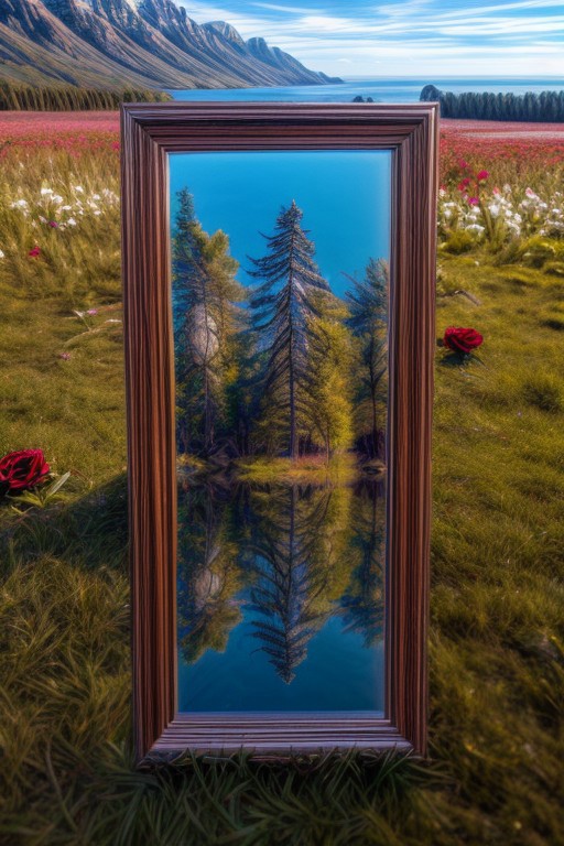 masterpiece, best quality, ultra-detailed, realistic, 8k, pine tree, flowers fields, many kinds of flowers, a couple of rabbits on very distant, lakes, meadows, grass, glitter on top, daytime, sunlight, cloudy, some birds fly in the sky over long distances, out-of-this-world scenery, lifelike, naturalism, greatest naturalism photo, immaculate detailed realism photography, rich colors, best colors perfect composition, perfect colors, colorful, clear photo, intrigue nature panorama, delicate nature photo, immaculate micro-details nature elements, (out-of-this-world scenery:1.23), beautiful landscape, beautiful flowers, crystal fantastic, breathtaking beautiful nature,  unmatched beauty nature, more nature elements, rich nature elements, (emphasize a rectangle giant_mirror reflects the natural scenery in great detail:1.37), a (standing mirror with brown wood picture frame, standing mirror on the grass:1.37), medium shot, (viewing scenery from mirror, a bunch of small red roses are scattered around the frame, perfect scenery views from mirror, view from side, pov side:1.37), (Pikachu's appears on the edge of the mirror:1.37), aesthetic, artistic style, surreal, insanely lifelike, top best naturalism photography, greatest detailed, intricate nature details background, depth of field, no human, detailerlora,