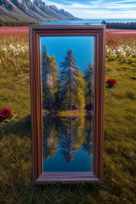 masterpiece, best quality, ultra-detailed, realistic, 8k, pine tree, flowers fields, many kinds of flowers, a couple of rabbits on very distant, lakes, meadows, grass, glitter on top, daytime, sunlight, cloudy, some birds fly in the sky over long distances, out-of-this-world scenery, lifelike, naturalism, greatest naturalism photo, immaculate detailed realism photography, rich colors, best colors perfect composition, perfect colors, colorful, clear photo, intrigue nature panorama, delicate nature photo, immaculate micro-details nature elements, (out-of-this-world scenery:1.23), beautiful landscape, beautiful flowers, crystal fantastic, breathtaking beautiful nature,  unmatched beauty nature, more nature elements, rich nature elements, (emphasize a rectangle giant_mirror reflects the natural scenery in great detail:1.37), a (standing mirror with brown wood picture frame, standing mirror on the grass:1.37), medium shot, (viewing scenery from mirror, a bunch of small red roses are scattered around the frame, perfect scenery views from mirror, view from side, pov side:1.37), (Pikachu's appears on the edge of the mirror:1.37), aesthetic, artistic style, surreal, insanely lifelike, top best naturalism photography, greatest detailed, intricate nature details background, depth of field, no human, detailerlora,