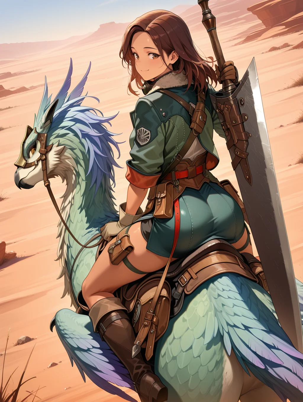 1girl,1other,brown hair,smile,brown eyes,female hope armor,green jacket,white shirt,green skirt,thigh strap,brown knee boots,brown gauntlets,brown mouth mask,red belt,brown pouch,riding,seikret,weapon on back,huge sword,looking back,nature,wildness,desert,winged arms,
masterpiece,best quality,amazing quality,very aesthetic,absurdres,newest,<lora:MHWilds hope armor illuXL v1:0.7>,