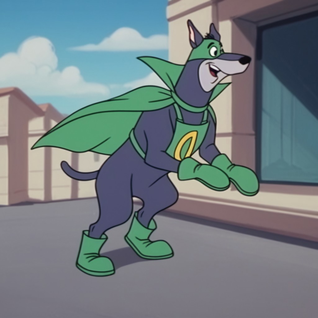 score_9, score_8_up, score_7_up, score_6_up, score_5_up, score_4_up, source_furry, dynomuttHB, semi-anthro, male, Doberman,  Blue-gray fur, black eyes, green cape, green mask, green boots, green chest plate, green collar, green gloves, outside,