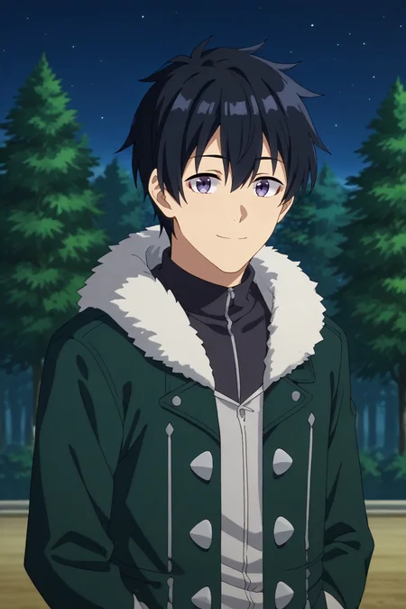 score_9, score_8_up, score_7_up,score_6_up,score_5_up,score_4_up,source_anime,BREAK, rating_safe, intricate details , , , anime screencap, anime coloring, official style, depth of field,1boy, solo, male focus , , ,  <lora:hikaru_machio:0.86>,hiraku machio,light purple eyes,black hair,short hair,bangs,hair between eyes,looking at viewer, smile,grey shirt, closed mouth, jacket, upper body,hood, outdoors,high collar,coat,fur trim,green coat,fur trim hood,night, nature , , , <lora:sdxl_lightning_8step_lora_315544:1>