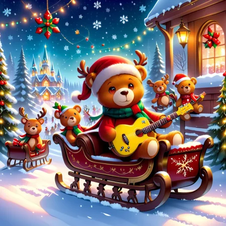 xmastedx,Festive,(masterpiece, best quality:1.2), holiday teddy bears, electric guitars, sleigh ride, parade leaders, winter wonderland, teddy bears with colorful scarves, playing electric guitars while riding a sleigh through a snow - covered forest, leading a winter parade with reindeer and elves following, snowflakes gently falling, bright holiday lights strung up in the trees, festive music in the air, creating a magical and cheerful atmosphere.