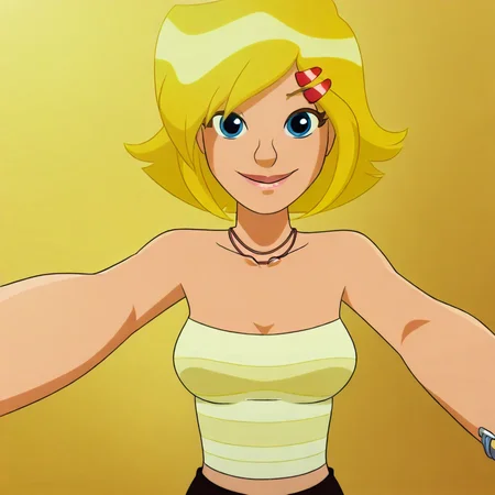 1girl, solo, cartoon, totally_spies_2k24, cl0ver, blonde hair, blue eyes, white and yellow striped top, bare shoulders, brown pants, hairclip, necklace, silver bracelet, sexy, big breasts, smile, selfie, high angle